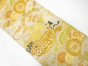 アンティーク　鏡裏に鶴・鼓模様織り出し丸帯（材料）